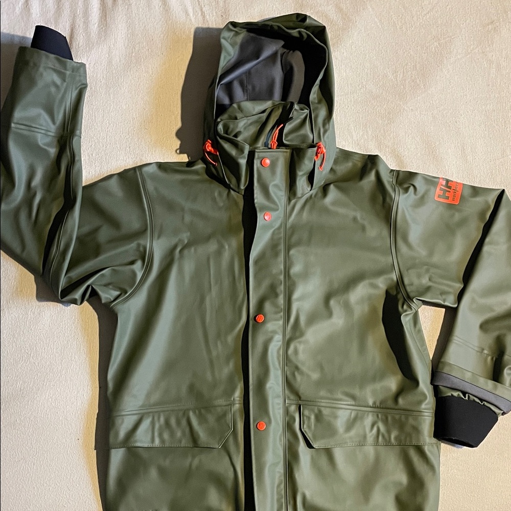 Helly Hansen Men's Olive Raincoat with Orange Accents